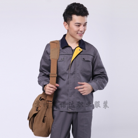 山東工作服批發(fā)駝灰拼黃色春秋工作服AC111