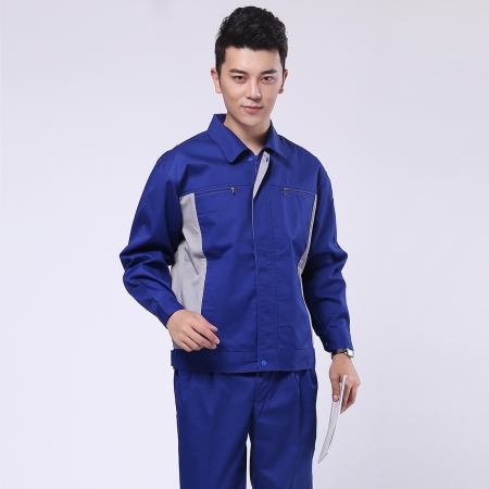 艷藍配淺灰滌棉紗卡印刷廠工作服AC081-YS